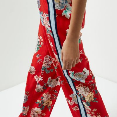 Red floral wide leg high waisted trousers